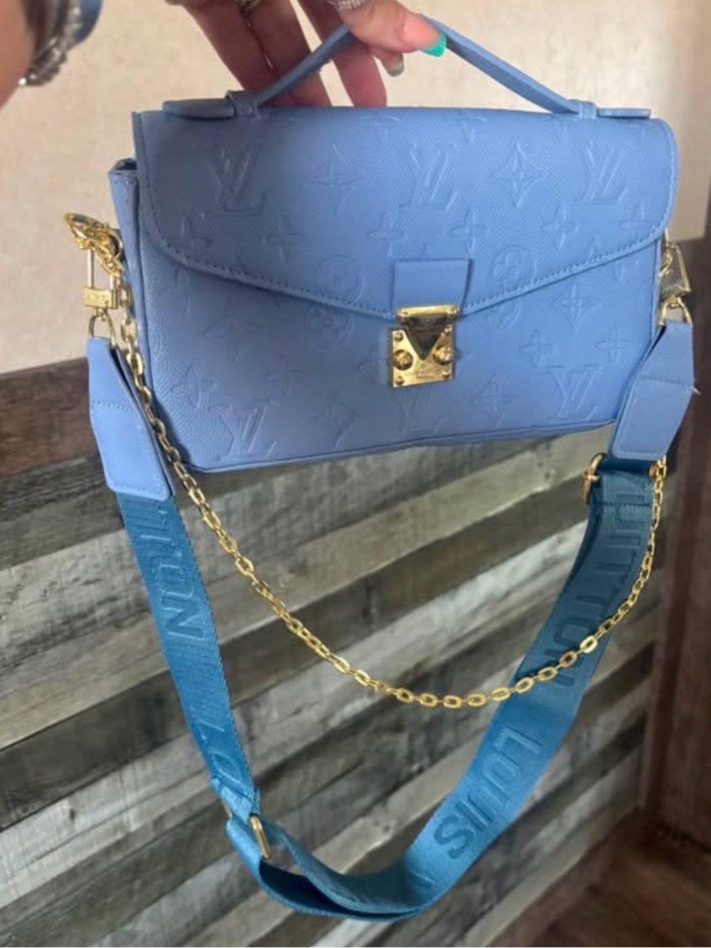 Louis Vuitton Embossed Shoulder Bag with Teal Strap
